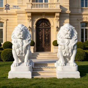 Paire de statues de lions en marbre <span class=keywords><strong>blanc</strong></span> grandeur nature, sculptées à la main, sculpture de lion gardien debout pour entrée de villa, manoir, portail extérieur - Product Image 1