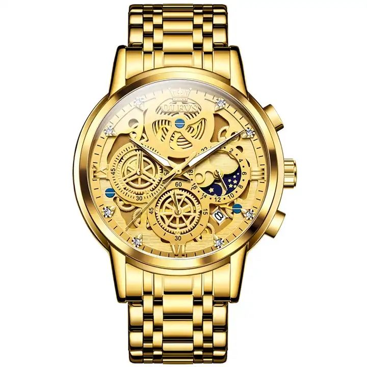 New OLEVS 9947 Skeleton Stainless Steel Gold Quartz Mens Watches Reloj  Business Luxury Fashion Casual Male Watches for Male