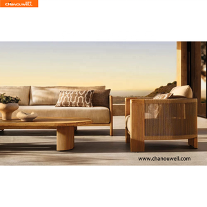 Fauteuil de salon moderne en teck de qualité supérieure, dossier en forme de baril, détails tressés en corde, résistant aux intempéries, ensemble d'extérieur pour cour - Product Image 2