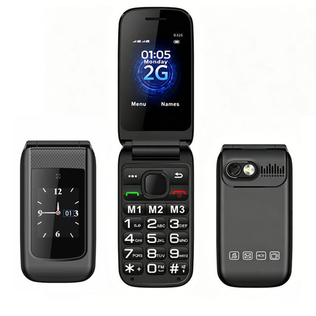 Hot Selling 2.4+1.77 Inch 1600mAh Cell Phone SOS Dual Screen Folding Flip Phone 2G Feature Phone for Elderly
