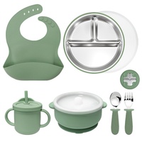 Ensemble d'ustensiles pour tout-petits en silicone et acier inoxydable : fourchette, cuillère, bavoir, bol, assiette avec couvercles, assiette à ventouse en silicone pour l'alimentation