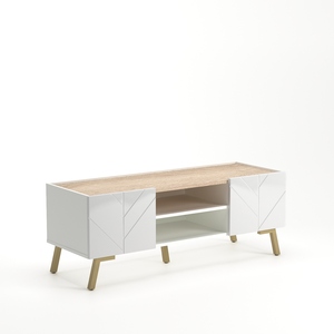 Meuble TV moderne blanc brillant avec finition imitation bois et pieds en métal doré pour salon - Product Image 3