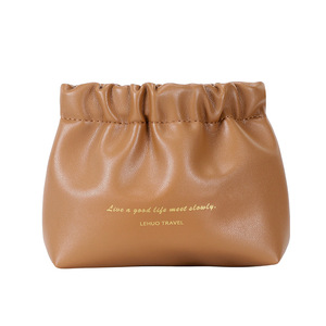 Leather <b>Drawstring</b> Makeup Pouch Small Size <b>Waterproof</b> Cosmetic <b>Bag</b> For Lipstick Coin Storage Home Use - Product Image 3