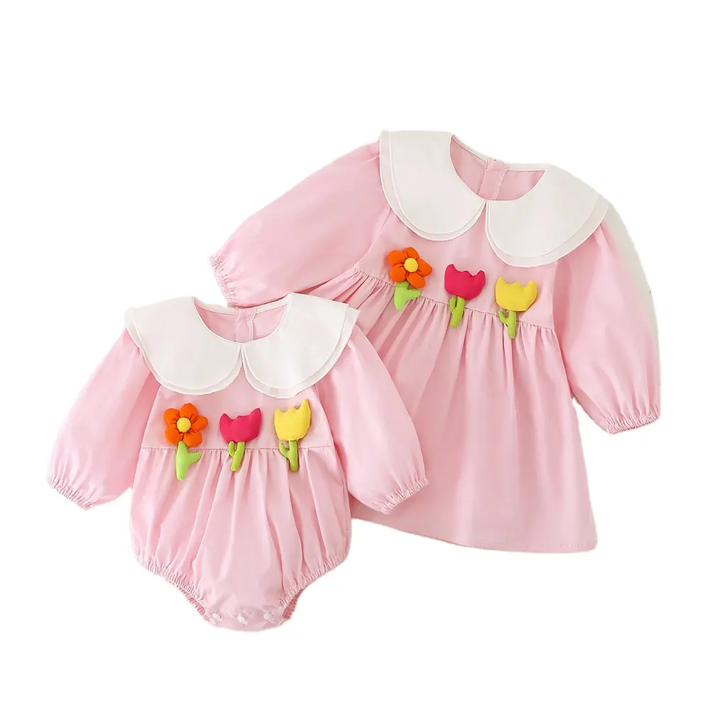 Quality Choice matching headband fall long sleeve smooth and delicate pink flowers toddler baby girl dresses