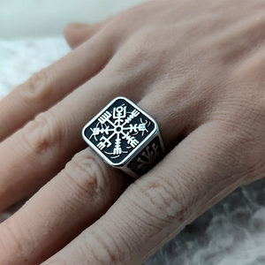 Anillo de hombre nórdico vikingo chapado en oro rosa de acero inoxidable con brújula, runa noruega, árbol de la vida y lobo, joyería al por mayor MRD011 - Product Image 6