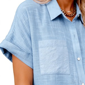เสื้อเชิ้ตผ้าลินินแขนสั้นแฟชั่นผู้หญิง สไตล์ลำลอง ติดกระดุม สำหรับฤดูร้อน ลดราคา - Product Image 5
