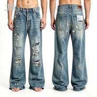 Jeans déchirés à jambe large et coupe bootcut, effet moustache vintage, éclaboussures de peinture, en denim, pour hommes, vente en gros de vêtements
