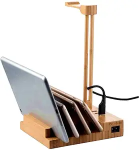 Combohome Headphone Stand with 3 USB Charger, Carbonized Bamboo Charging Station for Desktop Gaming Headset
