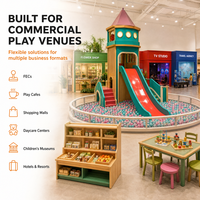 Aire de jeux intérieure commerciale pour enfants, avec zones d'activités familiales, incluant TV, épicerie, science, piscine à balles, et thème 'Fire Ball City', testée par une tierce partie