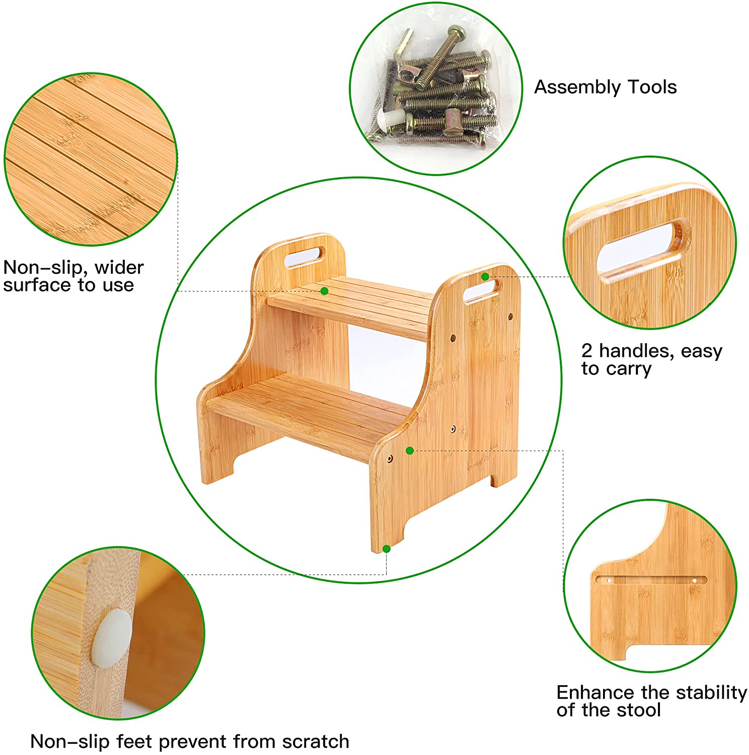 Bamboo 2 Step Stool toilet stool with Non-Slip Step Treads and 2 Cutout Handles