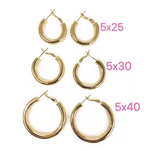 EM1153 3 Sizes Simple Thick 18k Gold Plated Brass Hoop Earrings,Simple Elegant Shiny Gold chunky Hoops