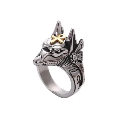 VRIUA Rétro Anubis Dieu Égyptien Coyote Tête Bague Mode homme Dominateur Anneau En Acier Titane