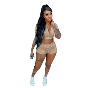 Vente en gros Vêtements de sport sexy Ensemble 2 pièces pour <span class=keywords><strong>femme</strong></span> Pantalon à fermeture éclair court et à cordon de serrage Survêtement de jogging personnalisé uni - Product Image 3