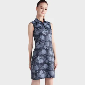 Custom Logo Ladies Women Sublimation Print Fitted Clothes Sleeveless Zipper Collar Golf Wear Midi Casual Dresses