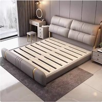 Lit King Size de style italien de luxe, design traditionnel, revêtement en cuir souple, cadre en bois, dossier, ensemble de chambre à coucher