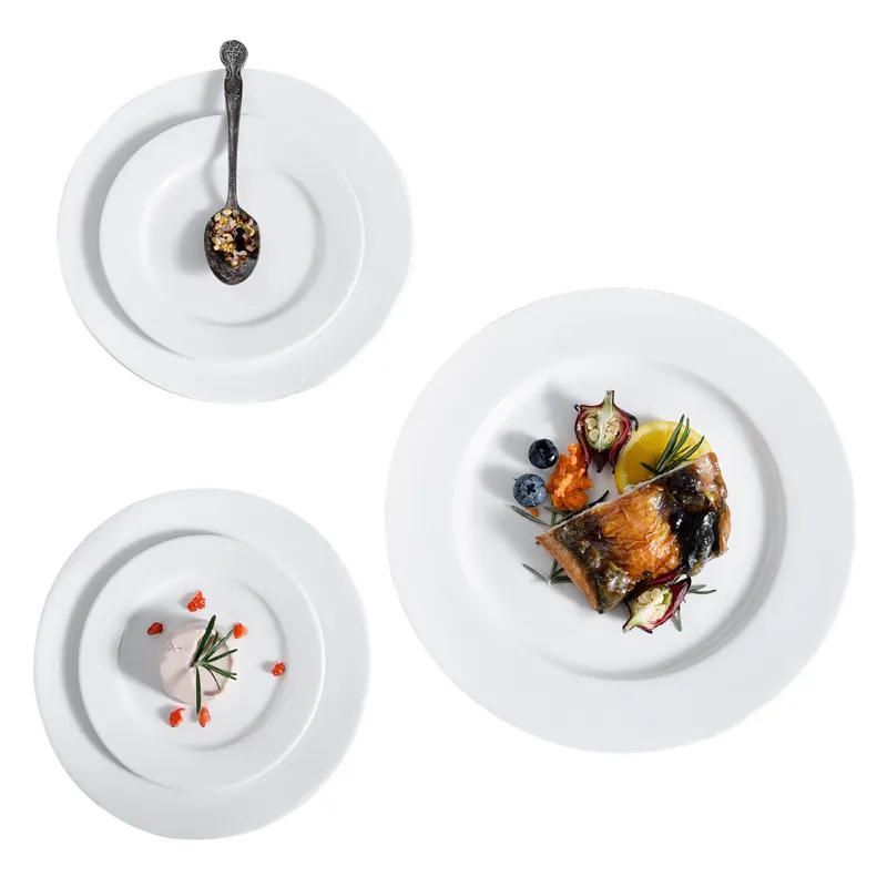 도매 사용자 정의 도자기 식사 세트 레스토랑 접시 라운드 케이터링 서빙 세라믹 접시 화이트 플레이트 세라믹