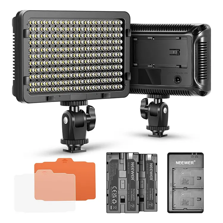 نور فيديو176 LED من نيور قابل للتعتيم مع حزمة 2 2600mAh بطارية ليثيوم أيون وشاحن USB مزدوج مجموعة إضاءة للكاميرا