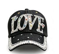 Casquette de baseball 6 panneaux en jean imprimée numériquement avec lettres d'amour en strass colorés, réglable, style vintage délavé, pour femmes et hommes
