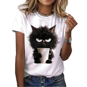 Camiseta de Verano para Mujer con Estampado de Gato en 3D, Informal, de Manga Corta, Estilo Urbano, Cuello Redondo, Tejida - Product Image 4