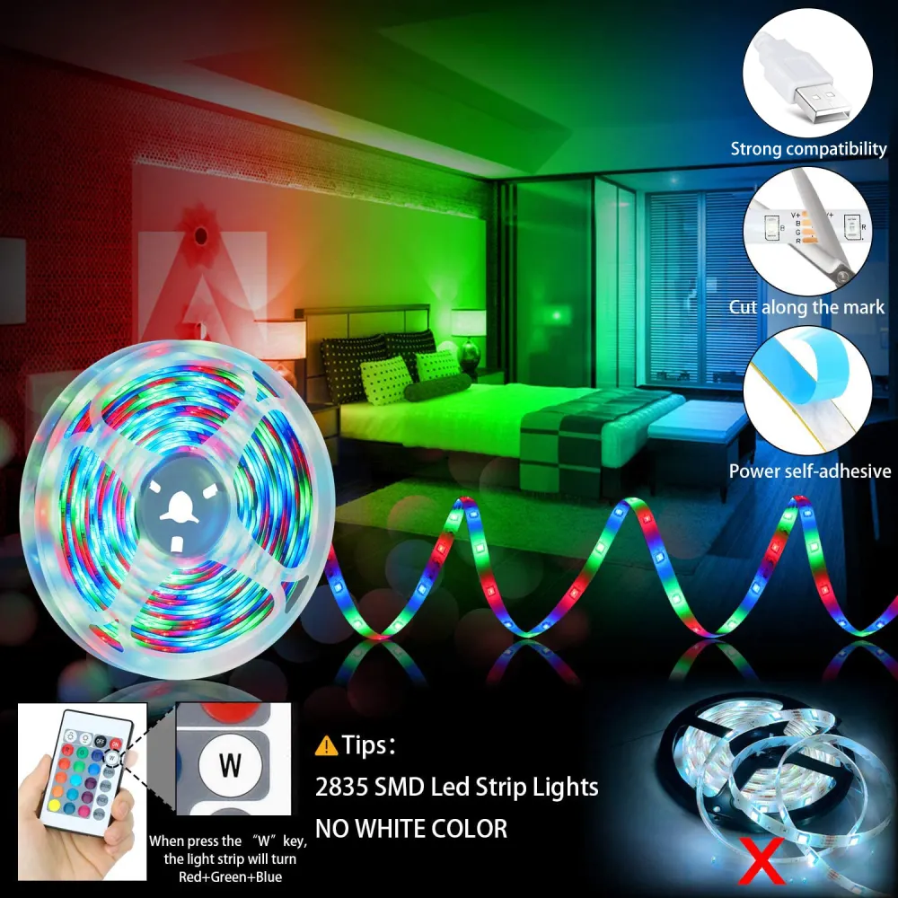 LED 스트립 조명 App 제어 5V RGB 2835 USB 유연한 램프 테이프 리본 다이오드 축제 BedroomTV 책상 장식