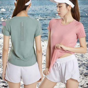 Haut de sport d'été personnalisé pour femme avec logo imprimé par transfert thermique, séchage rapide, extensible, en Spandex/Nylon, manches courtes, maille respirante - Product Image 3