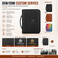 Portafolio de Cuero Personalizado con 3 Anillas, Cierre de Cremallera, Asa, Bolsillo para Calculadora y Tablet, con Logotipo, para Ejecutivos y Reuniones de Negocios
