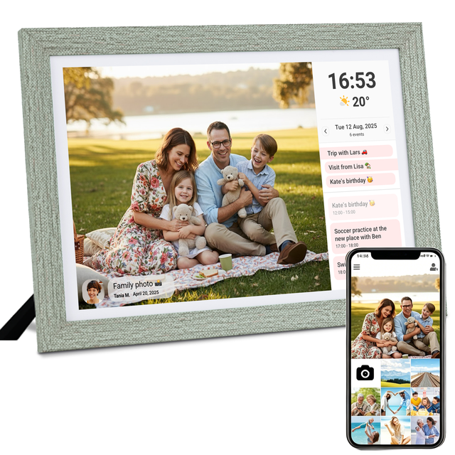 Grey Fabric Wooden 10.1" Digital Photo Frame 1280x800 HD 32GB WiFi Acrylic Panel Built-in Smart Daily Schedule Video Playback