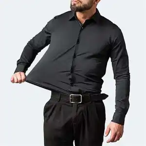 Vente en gros Chemise mode pour homme, coupe ajustée, manteau solide pour homme, chemises habillées à manches longues et boutons noirs pour hommes