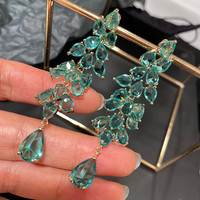 Boucles d'oreilles pampilles en cristal pour femmes, bijoux de luxe à la mode, en forme de diamant, feuille verte, glands longs en cristal