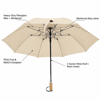 Parapluie compact esthétique minimaliste à 2 plis, couleur beige fromage, manche en bois de frêne, sans PFAS, conforme REACH, cadeau personnalisé de créateur