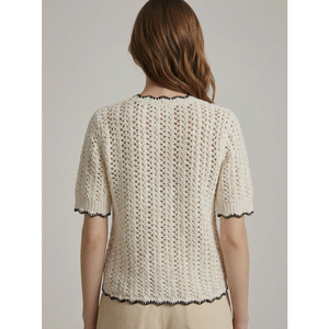 <span class=keywords><strong>Cardigan</strong></span> Estivo Vintage 2026 in Crochet Color Crema da Donna, Manica Corta, Collo Tondo, Bordo Smerlato a Contrasto, Maglia con Bottoni - Product Image 3