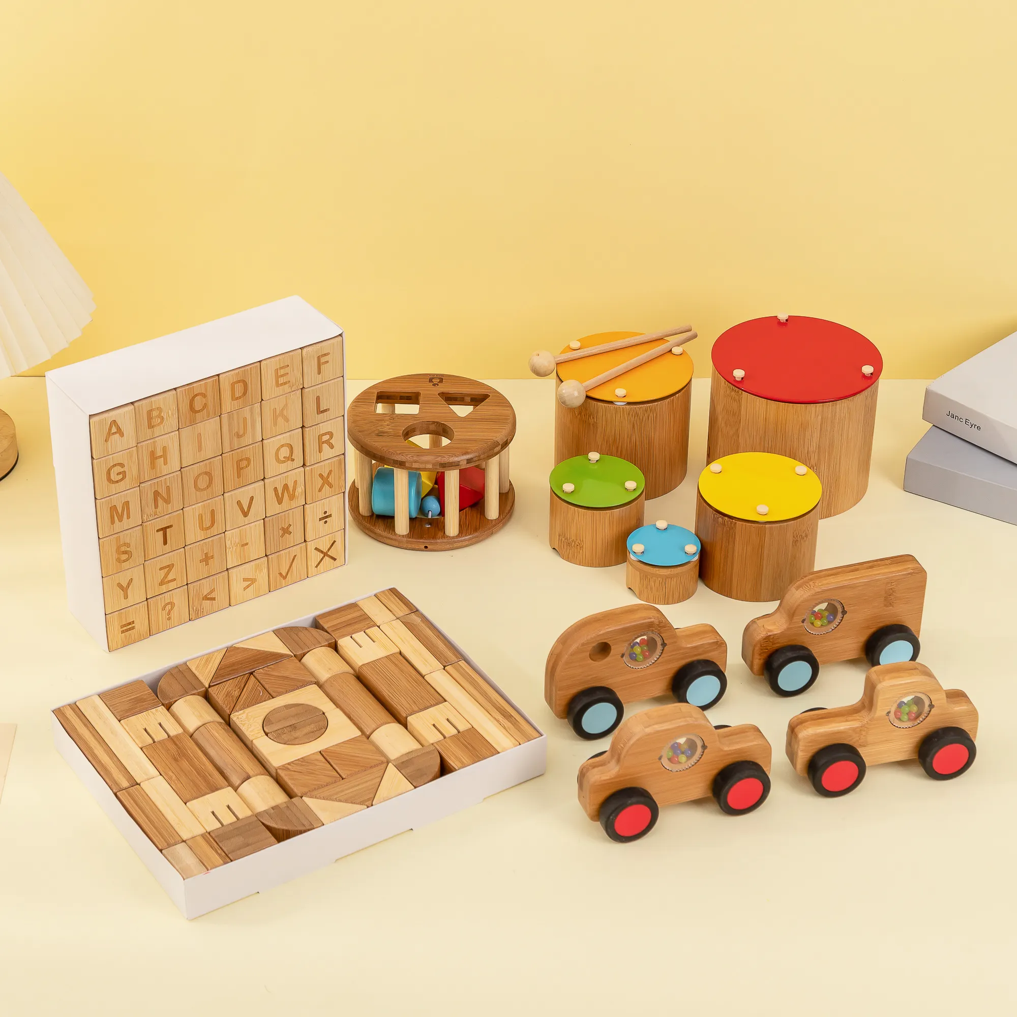 Set di bambù UDEAS tamburo pieghevole musicale giocattolo Mini auto gioco di apprendimento precoce Set di smistamento in legno Montessori giocattolo