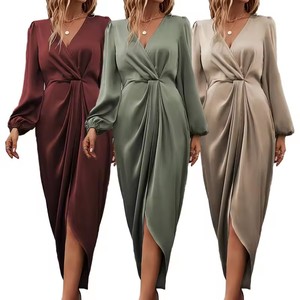 New fashion size women's <b>long</b> lantern sleeve office work puff sleeve satin dress all-<b>match</b> outer wear - Product Image 1