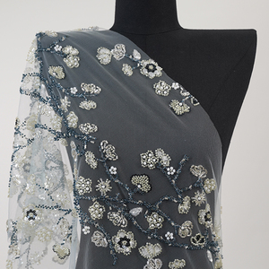 قماش دانتيل مطرز بالزهور على الطراز الفرنسي مع خرز وترتر - Product Image 4