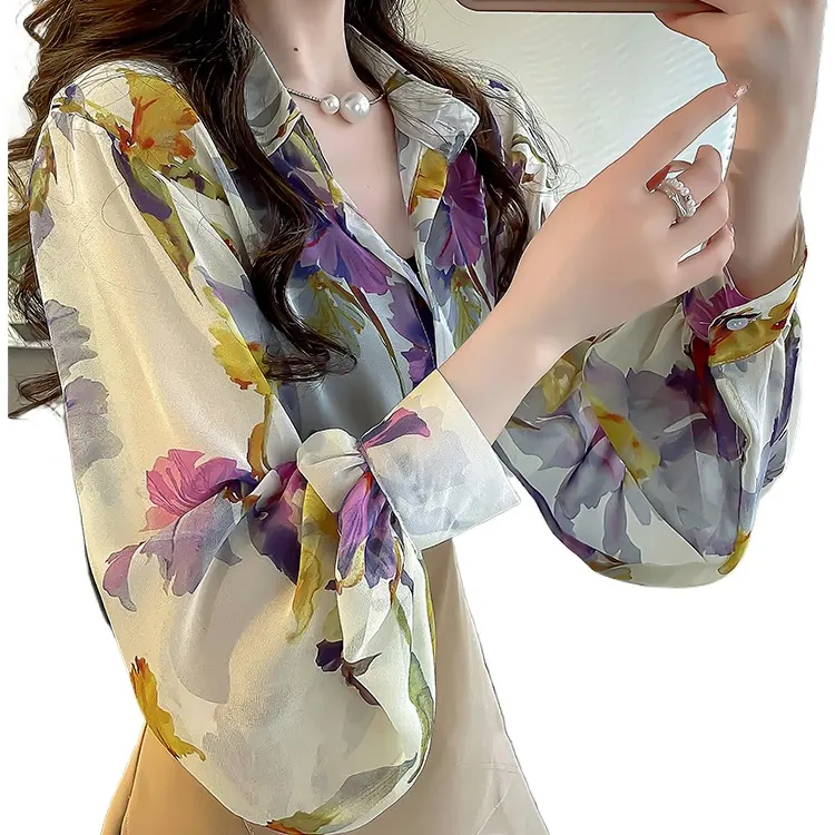 Top donna moda estiva stampa floreale cinese con scollo a V Casual camicetta trasparente Top 3097 #