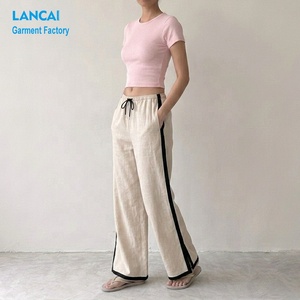 <span class=keywords><strong>Pantaloni</strong></span> Palazzo Personalizzati in Misto Lino per Donna, Produzione OEM ODM, Vita Elastica, Striscia Laterale, Orlo Spaccato, Gamba Larga - Product Image 4