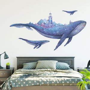 Autocollants muraux de <span class=keywords><strong>baleine</strong></span> bleue de dessin animé, papier peint de poissons des grands fonds, autocollant de <span class=keywords><strong>phare</strong></span>, décoration de la maison pour le salon, la chambre à coucher, autocollant mural - Product Image 2