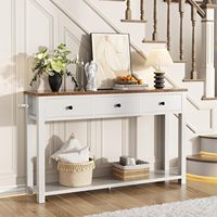 Table console 2 niveaux style ferme avec 3 tiroirs, marron vintage, pieds épais blancs, pour entrée, couloir ou table de canapé
