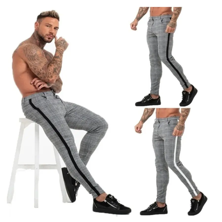 New fashion europe men grid street pants sidestripe outdoor pockets zipper casual slim trousers long pencil pants