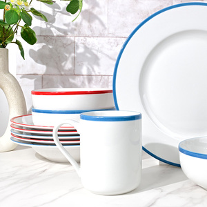 Service de vaisselle de luxe en porcelaine blanche nordique européenne à motif végétal, bord large rouge et bleu, empilable, pour hôtels et restaurants commerciaux - Product Image 2