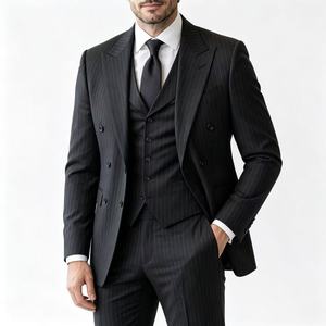 Completo da Uomo a Righe Tre Pezzi, Blazer <span class=keywords><strong>Doppiopetto</strong></span>, Gilet e Pantaloni in Lana e Poliestere, per Affari e Matrimoni - Product Image 2