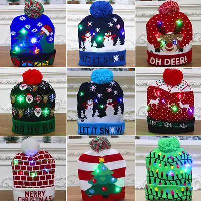 Winter Warm Solid Color Plain Colorful Knit Men Custom Logo Knitted Beanie Hat Led Christmas Hat with Lights for Kids