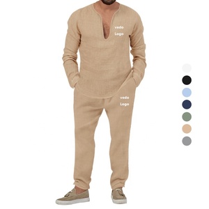 トラックスーツUSサイズカスタムロゴリネンメンズ長袖プルオーバートップスパンツファッション2ピースカジュアルレジャースポーツジョガースーツセット - Product Image 1