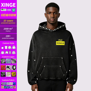 Hoodie streetwear personnalisé en coton épais, coupe courte et carrée, avec doubles poches, effet délavé, orné de strass, de perles et de pierres. - Product Image 1