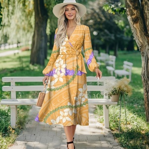 Robe longue décontractée pour <span class=keywords><strong>femme</strong></span>, taille plus, à manches longues et à nouer, avec imprimé tribal Tapa des îles du Pacifique, impression à la demande, sur mesure - Product Image 1