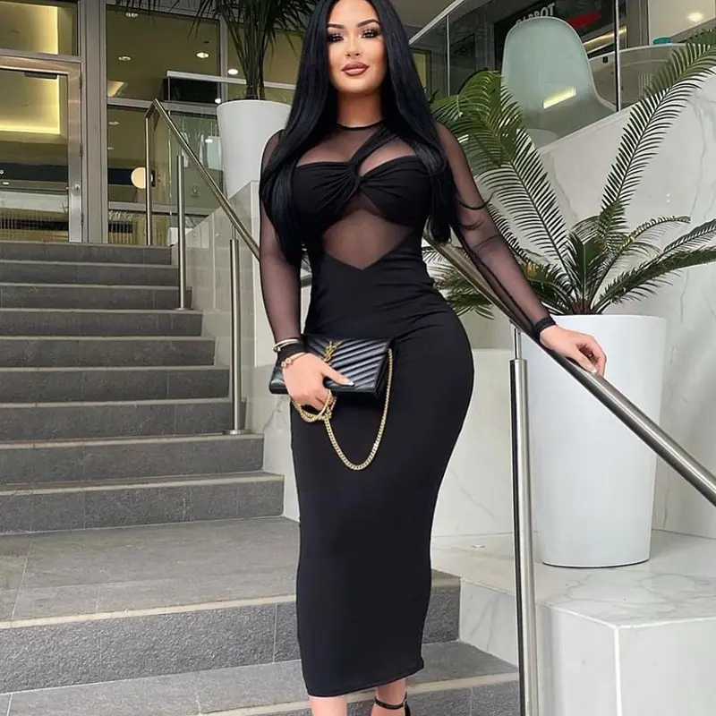 fashion fall black women long sleeve mesh see through sexy long dress bodycon women round neck casual maxi dress