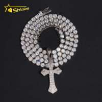 Pendentif en argent S925 plaqué or blanc, motif croix, serti de diamants de laboratoire, style hip-hop, bijoux religieux