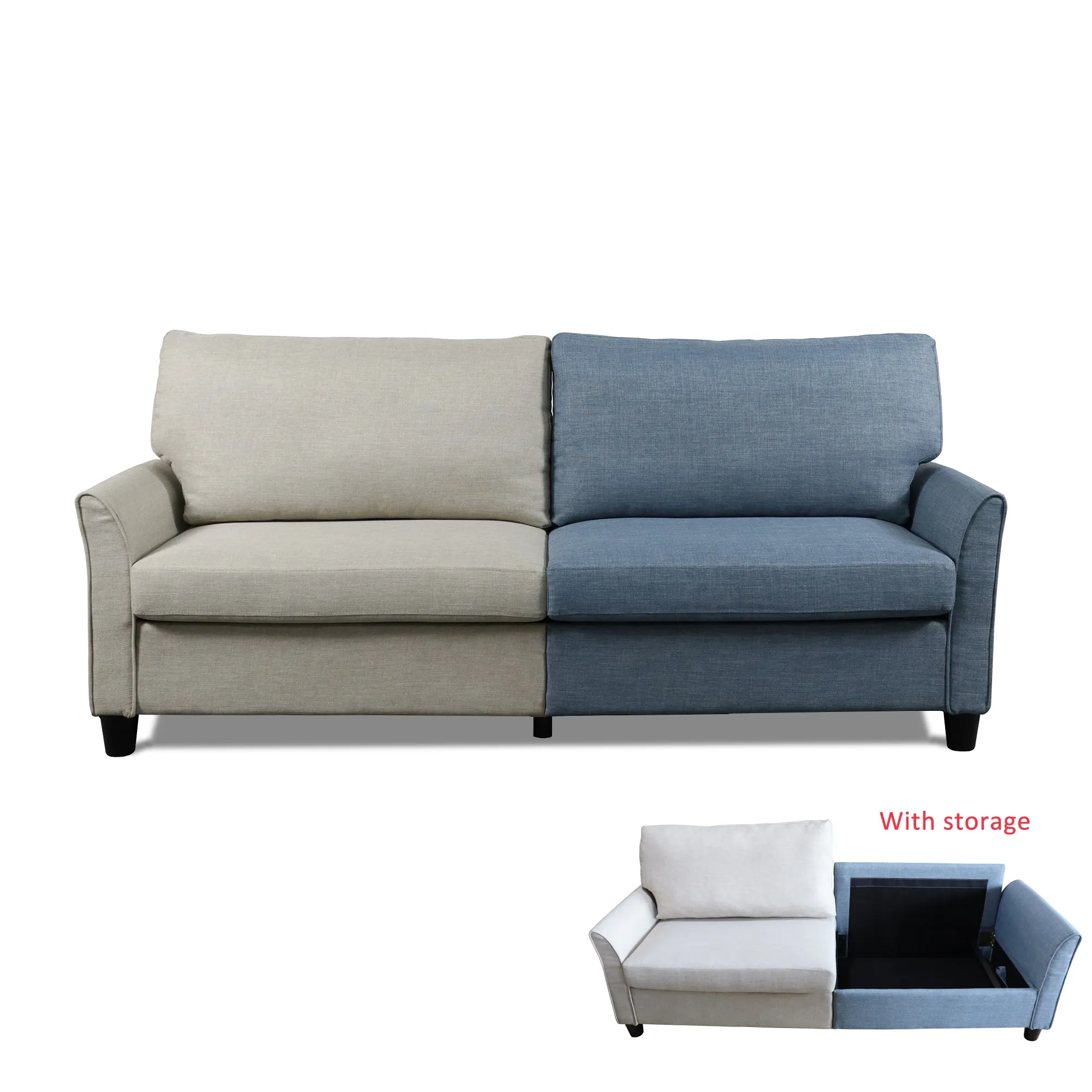 Living room furniture three seater linen fabric sofa couch with storage mail packing sofa