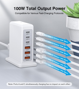 Station de <span class=keywords><strong>charge</strong></span> multiport <span class=keywords><strong>rapide</strong></span> HNT 100W 6 ports 3A3C Adaptateur de <span class=keywords><strong>charge</strong></span> haute puissance Type C Chargeur pour téléphone portable - Product Image 2