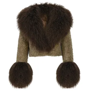 Hochwertiger individueller lockiger haar kurzer Tweed-Wollmantel für Damen zugeschnittenere Wolle Tweed-Jacht mit echten mongolianischen Pelzkragen-Manschetten